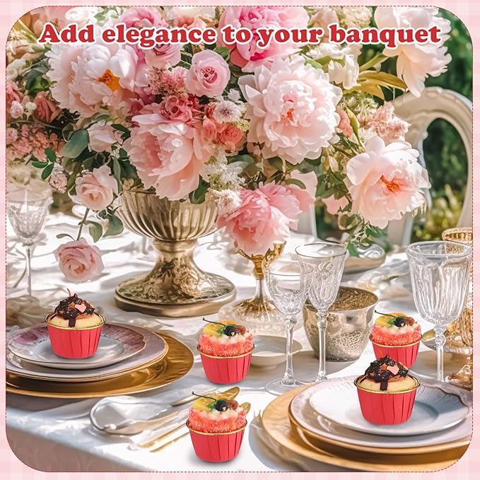 300 Pack Red Gold Cupcake Cups Bulk Disposable Foil Muffin Liners 3.5 oz Wrappers for Baking