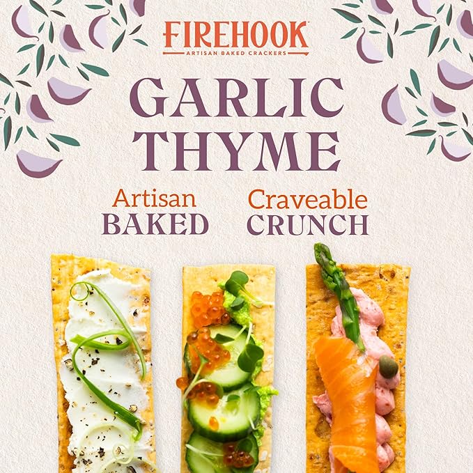 Firehook Garlic Thyme Crackers – Artisan Baked, Craveably Crunchy, Baked with Mediterranean Garlic
