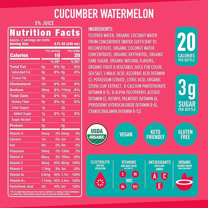 Roar Organic Electrolyte Infusions - USDA Organic - Cucumber Watermelon - with Antioxidants, B