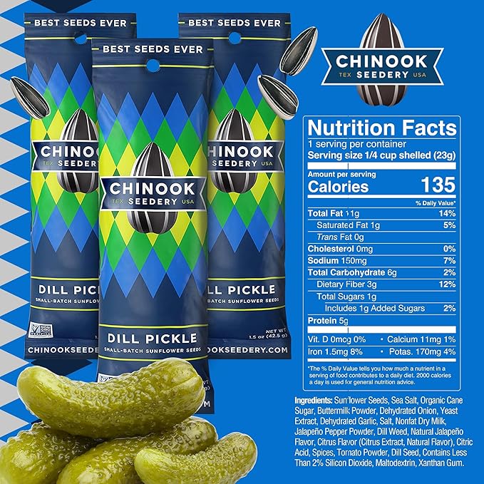 Chinook Seedery Roasted Sunflower Seeds to Eat - 1.5 oz (Pack of 36) Dill Pickle - Jumbo Low Sodium