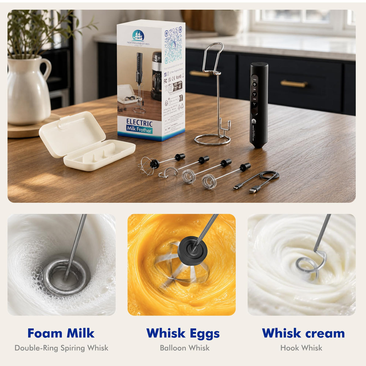 Rechargeable Milk Frother with Stand, 4 Interchangeable Whisks & Travel Case – Handheld Mixer for