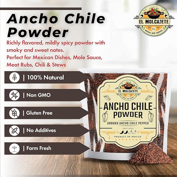 Ancho Chile Powder 4 oz Premium Single Ingredient From Mexico El Molcajete Brand for Sauces, Salsa