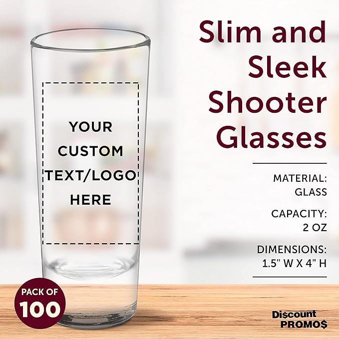 Custom Cordial Shooter Shot Glasses 2 oz. Set of 100, Personalized Bulk Pack - Great for Birthdays