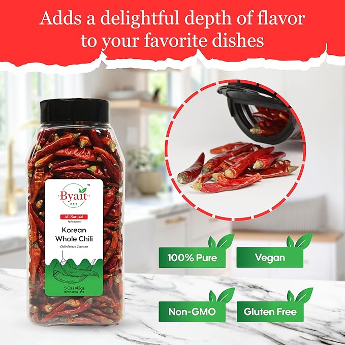 Byait Korean Whole Chili Peppers 5 Oz, Pure Red Chilies for Authentic Korean Cooking, Kimchi