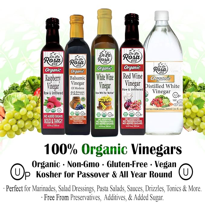 De La Rosa Organic Red & White Wine Vinegar, Raw & Unfiltered, with the “Mother”, Kosher for