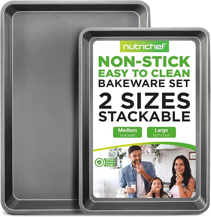 NutriChef 2-Piece Nonstick Stackable Cookie Sheets - Heavy Duty, Non-Toxic Carbon Steel Bakeware