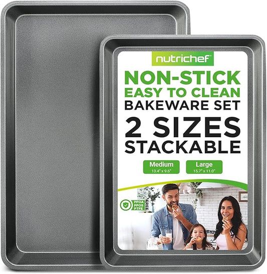 NutriChef 2-Piece Nonstick Stackable Cookie Sheets - Heavy Duty, Non-Toxic Carbon Steel Bakeware