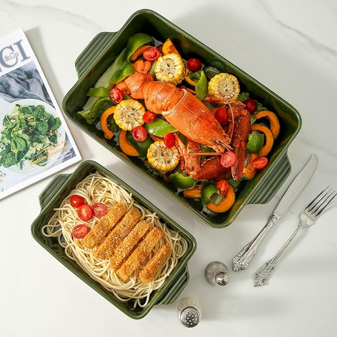 Ceramic Baking Casserole Dish with Handles, Large 9x13 inch Pan and Middle Baking Pan - Porcelain
