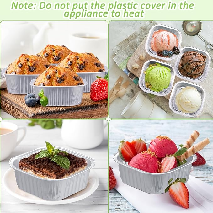Aoriher 150 Pieces 10 oz Mini Cake Pans with Lids Aluminum Foil Baking Cups Square Disposable 4" x