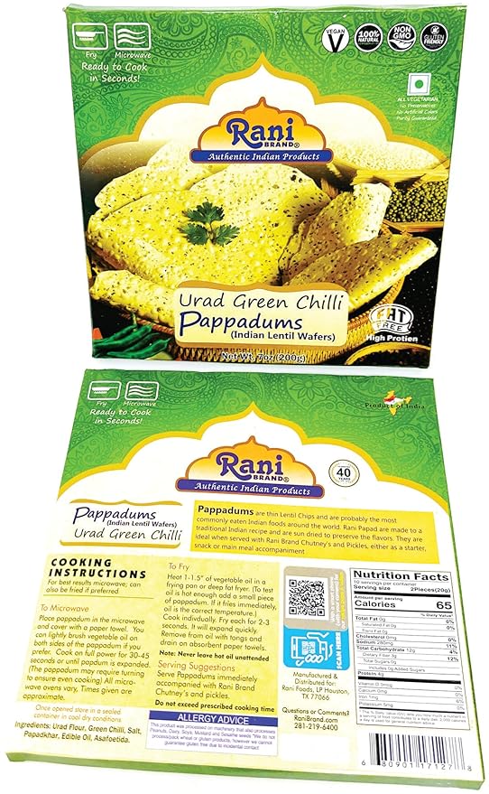 Rani Pappadums (Indian Lentil Wafer Snack) Green Chilli Papad 7oz (200g) Approximately 15pc, 7