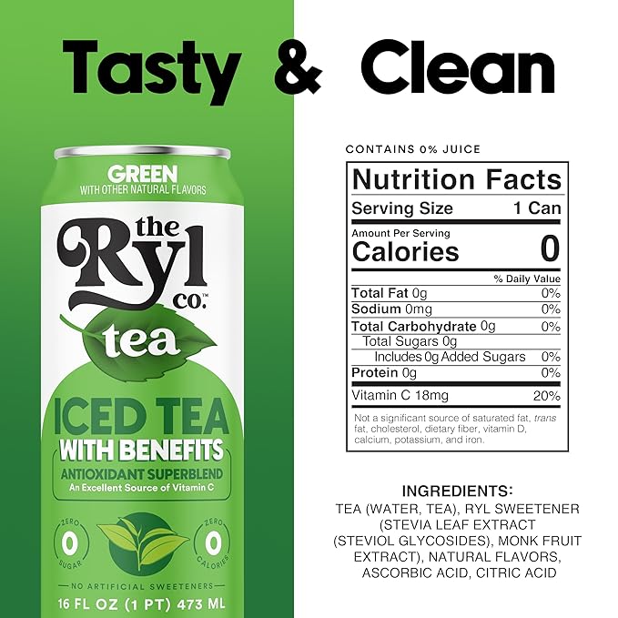 Ryl Iced Tea, Green, Antioxidant Superblend, Zero Sugar, Low Carb, Zero Calorie Iced Tea, 16.0 Fl