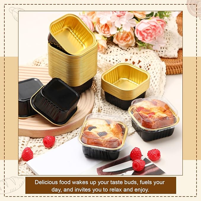 200 Pack 5 oz Square Baking Cups with Lids Aluminum Foil Mini Cake Pans with Lids Disposable
