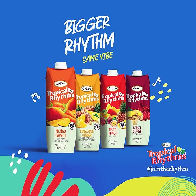 Grace Tropical Rhythms Sorrel Ginger Jamaican Fruit Juice 1 Liter (33.8oz) - 3 Cartons - Authentic