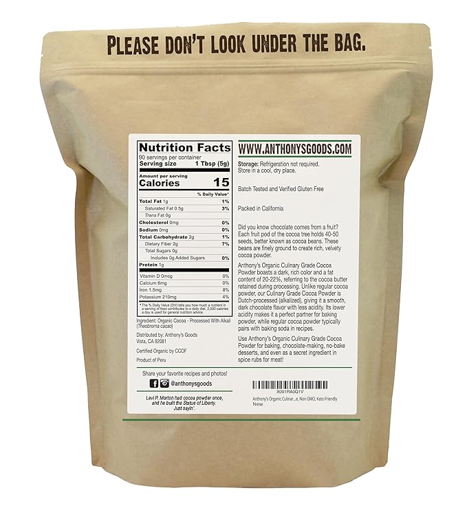 Anthony's Organic Culinary Grade Cocoa Powder, 1 lb, Dutch Processed Baking Cocoa, Gluten Free, Non
