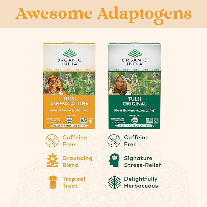 ORGANIC INDIA Calming Tulsi Ashwagandha Herbal Tea - Holy Basil Tea with Ashwagandha Root, Supports