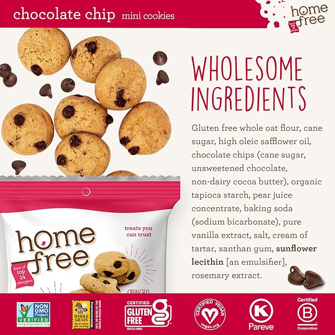 Homefree Treats You Can Trust Gluten Free Mini Cookies, Single Serve, Chocolate Chip, 1.1 Ounce