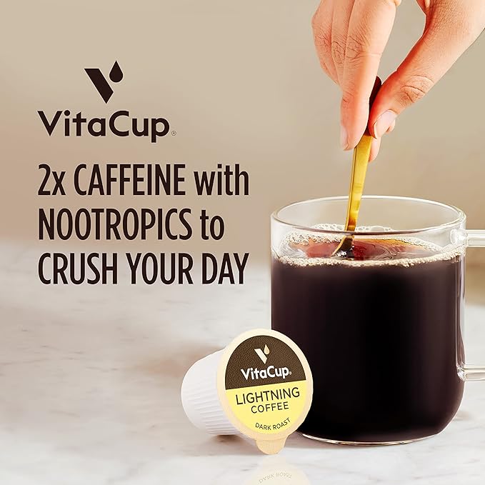 VitaCup Lightning Coffee Pods, for Focus w/ 2X Caffeine, Green Coffee Bean, B Vit, D3, Strong Dark