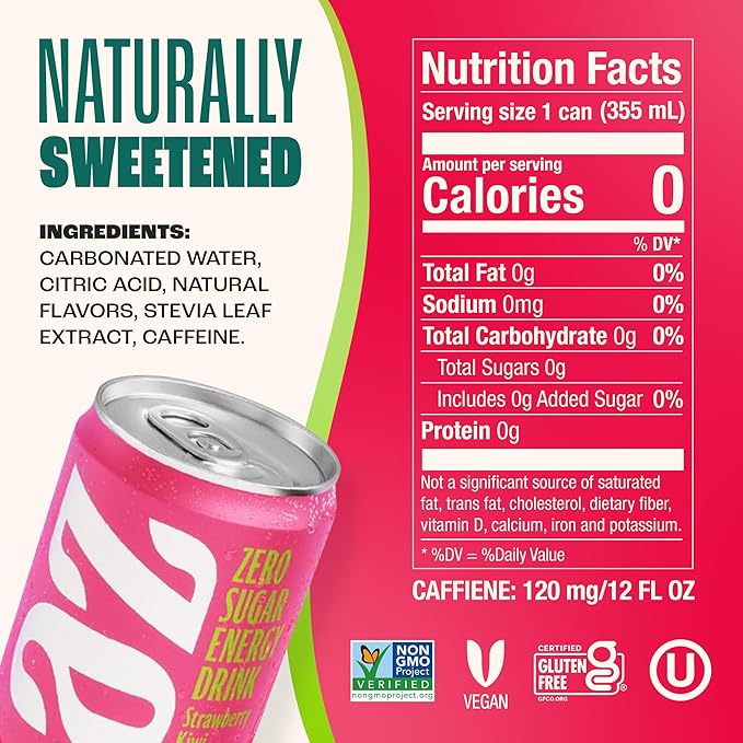 Zevia Zero Sugar Energy Drink, Strawberry Kiwi, 12 oz Cans (12-Pack) – Naturally Sweetened, Zero