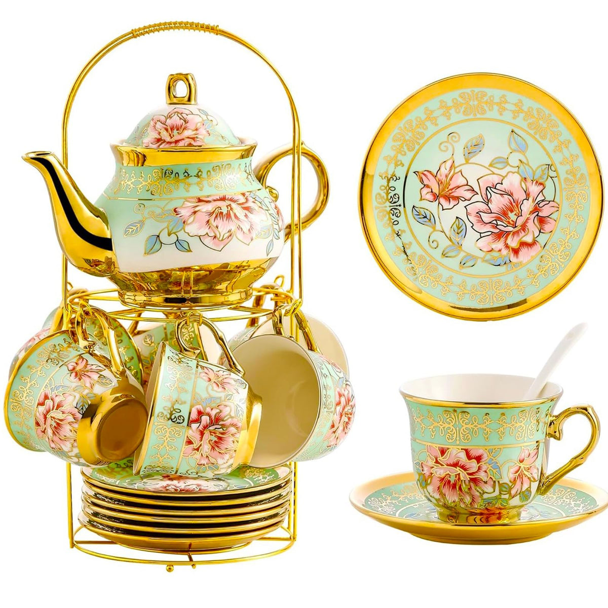 20 Pieces Porcelain Tea Set With Metal Holder, European Ceramic tea set for adults,Flower Tea