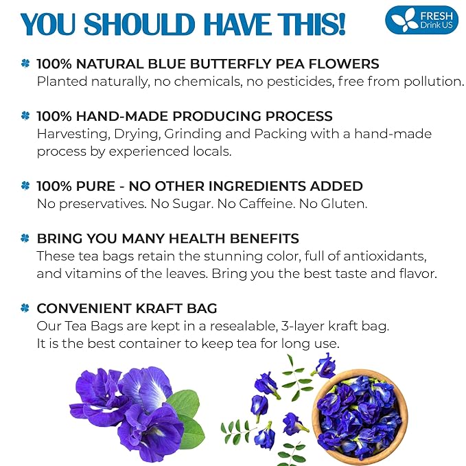 FreshDrinkUS, Premium 75 Tea Bags Blue Butterfly Pea Flowers, 100% Natural and Pure from Butterfly
