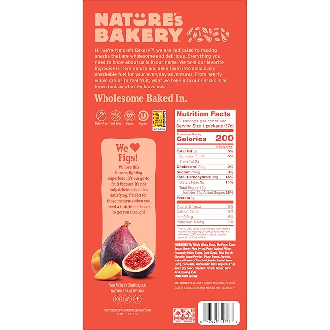 Nature?™s Bakery Whole Wheat Fig Bars, Peach Apricot, Real Fruit, Vegan, Non-GMO, Snack bar, 1 box