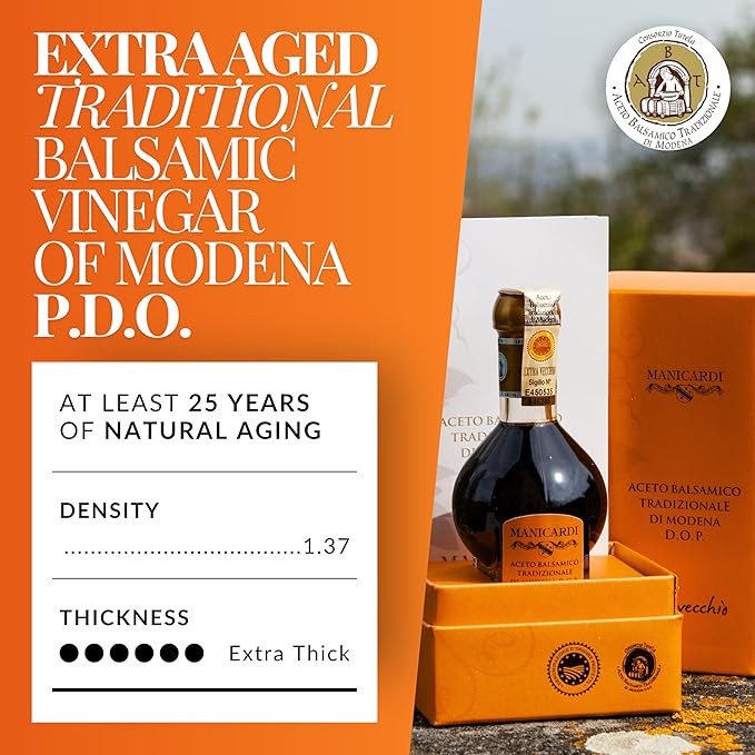 MANICARDI Extra Aged Balsamic Vinegar of Modena PDO - 25 Years - Perfect for Snacks, Pasta