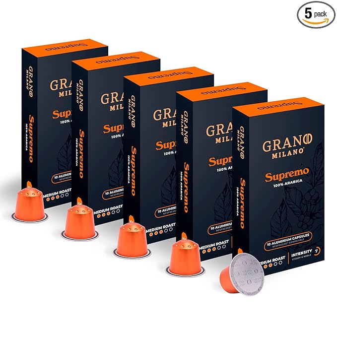New Grano Milano Supremo Coffee Capsules - 50 Aluminum Coffee Pods Compatible with Nespresso