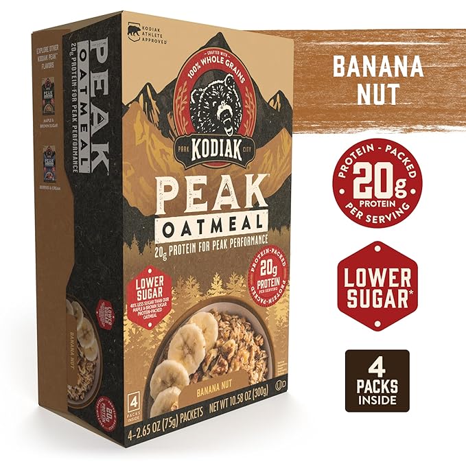Kodiak Cakes Peak Instant Oatmeal Packets, Banana Nut, High Protein,100% Whole Grains, 6 box with 4
