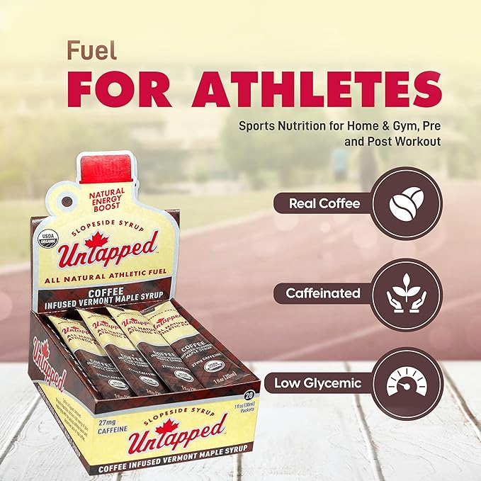 UnTapped Coffee Infused Vermont Maple Syrup Packets for Athletes, Box of 20-1 fl oz | Pure Maple