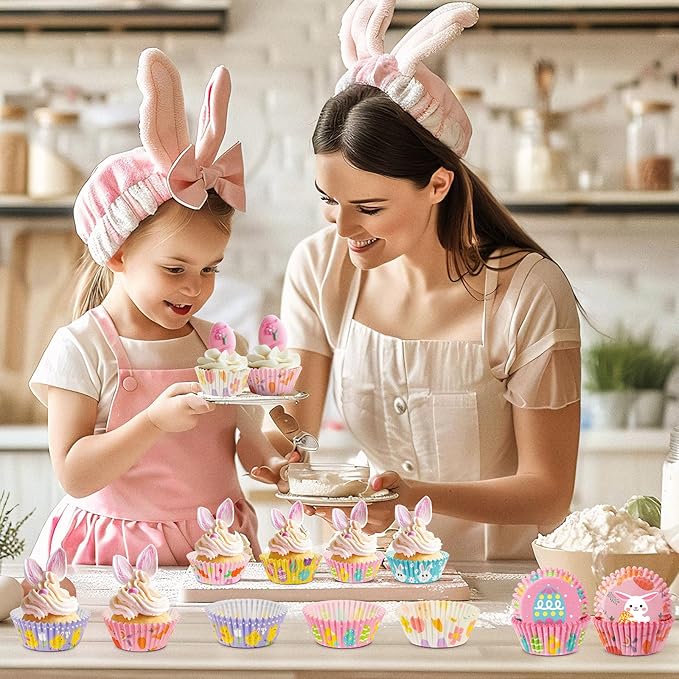 SANNIX 450pcs Easter Cupcake Liners, Bunny Chick Egg Flower Baking Cups Cupcake Wrappers Paper