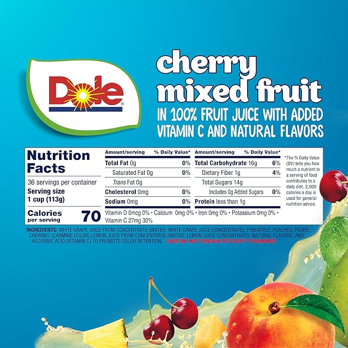 Dole Fruit Bowls Cherry Mixed Fruit in 100% Juice Snacks, 4oz 36 Total Cups, Gluten & Dairy Free
