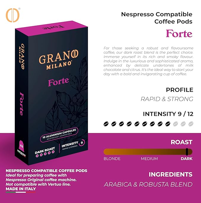 New Grano Milano Forte Coffee Capsules - 50 Aluminum Coffee Pods Compatible with Nespresso Original