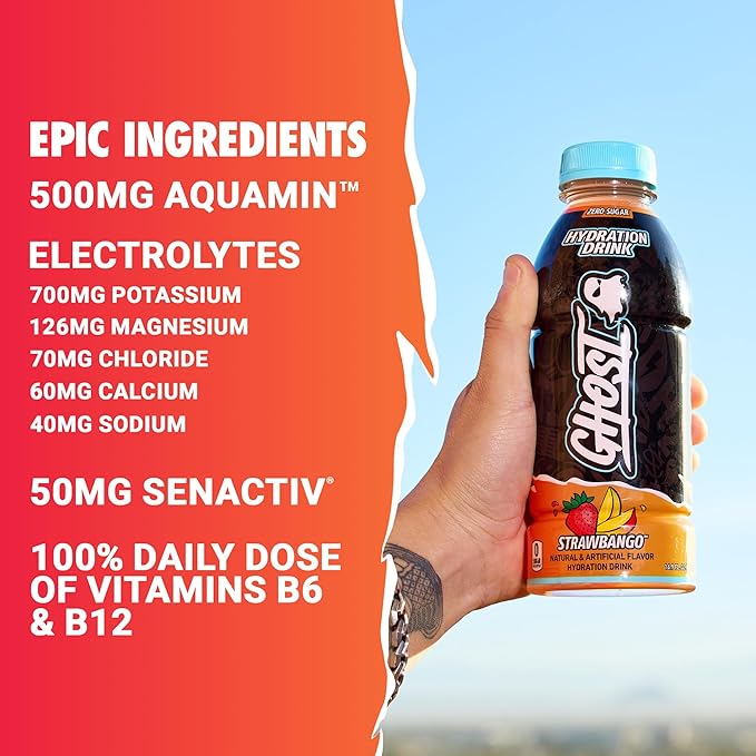 GHOST Hydration Drink, Strawbango - RTD Sports Drink with Electrolytes, Natural Vitamins & Minerals