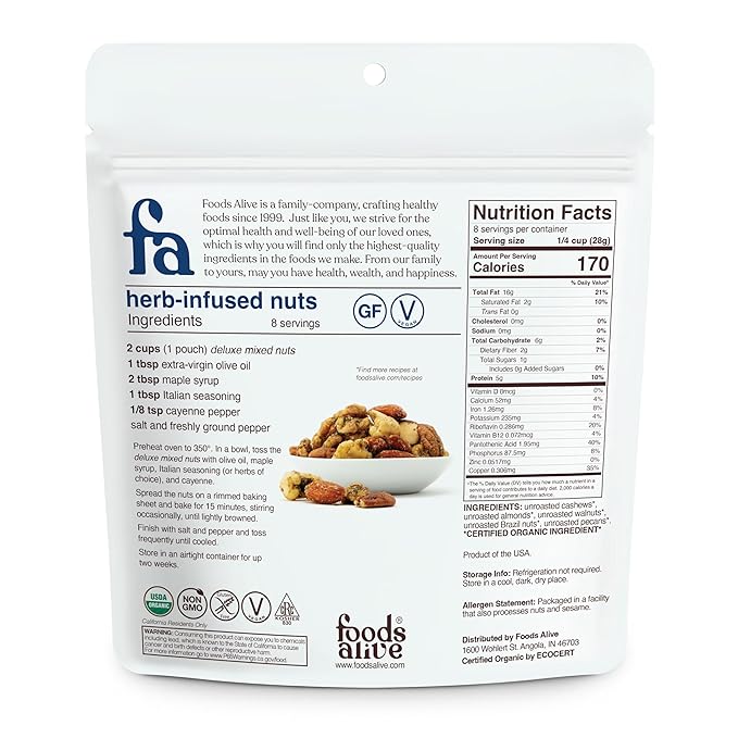 Foods Alive Organic Deluxe Mixed Nuts, 8oz, Kosher Blend of Premium Organic Cashews, Almonds