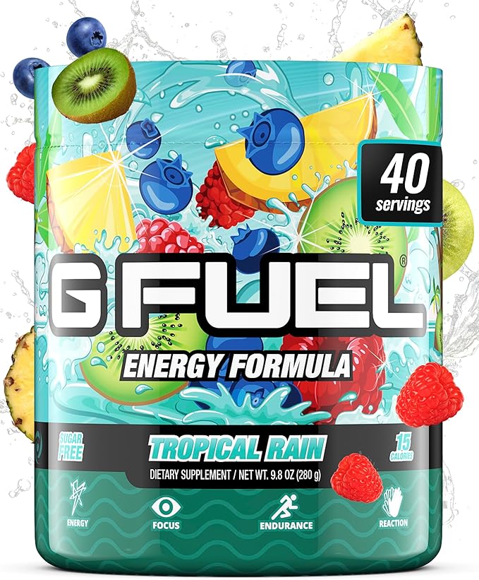 G Fuel Tropical Rain Energy Drink Powder, Pre Workout Caffeine Mix for Gaming, Sugar Free Focus