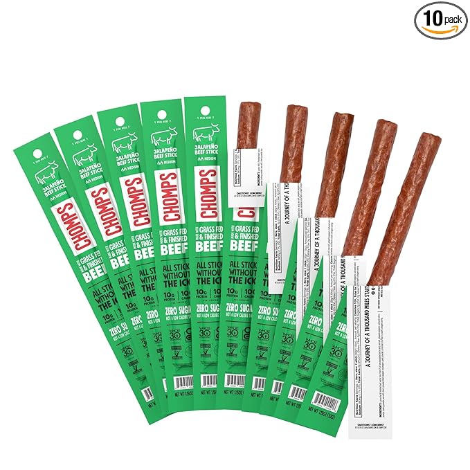 Chomps Grass-Fed and Finished Jalapeño Beef Jerky Snack Sticks 10-Pack - Keto, Paleo, Whole30, 10g