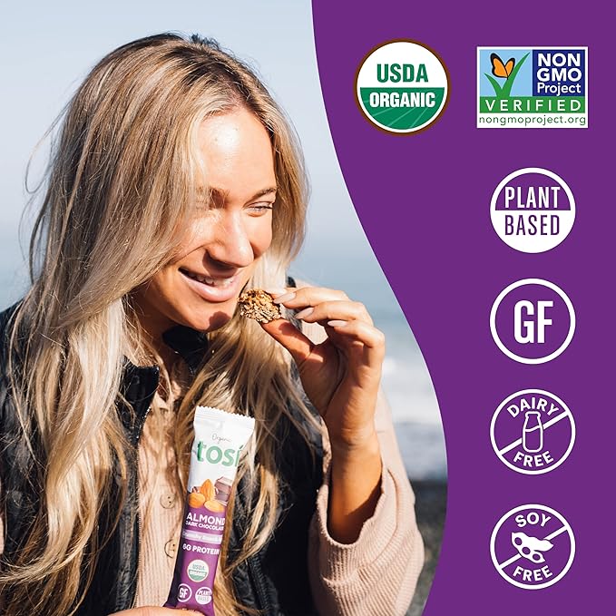 Tosi Dark Chocolate Almond Protein Bars, Plant Based with Nuts, Gluten-Free Crunchy Snacks, Vegan