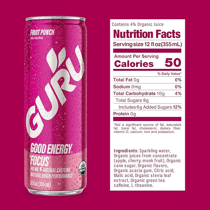 GURU Fruit Punch Organic Energy Drinks, Clean Energy Drink with Plant Based Natural Caffeine from