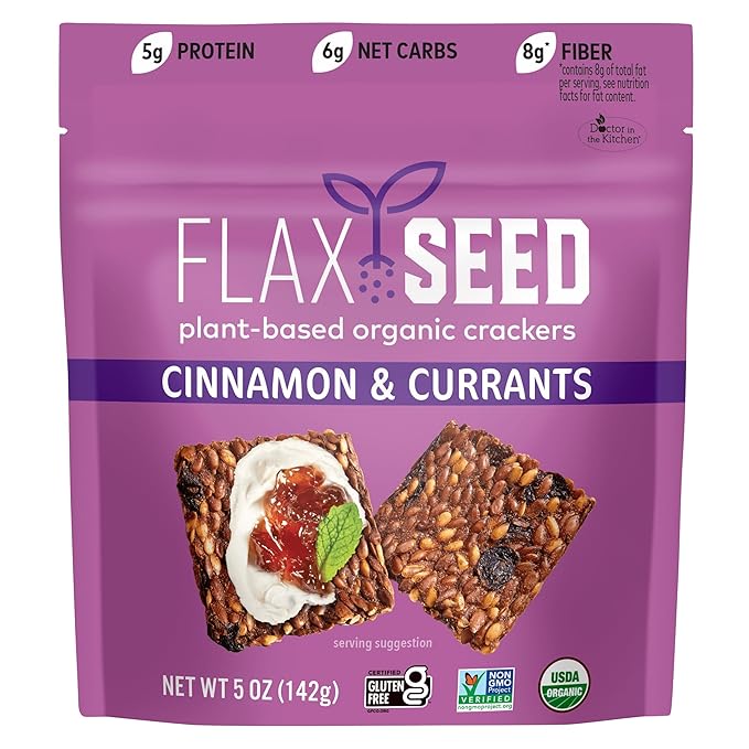 Flackers Organic Flax Seed Crackers Cinnamon & Currants, 5 Ounce 1 Pack, Gluten Free, Non GMO