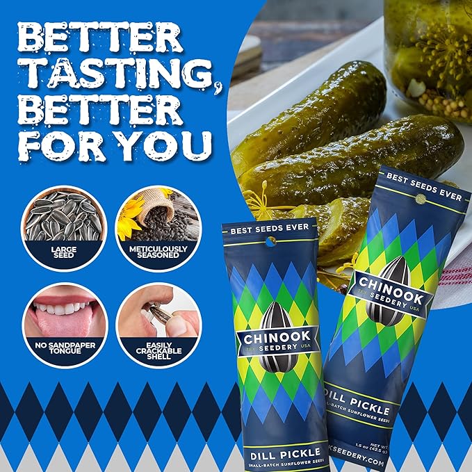 Chinook Seedery Roasted Sunflower Seeds to Eat - 1.5 oz (Pack of 36) Dill Pickle - Jumbo Low Sodium