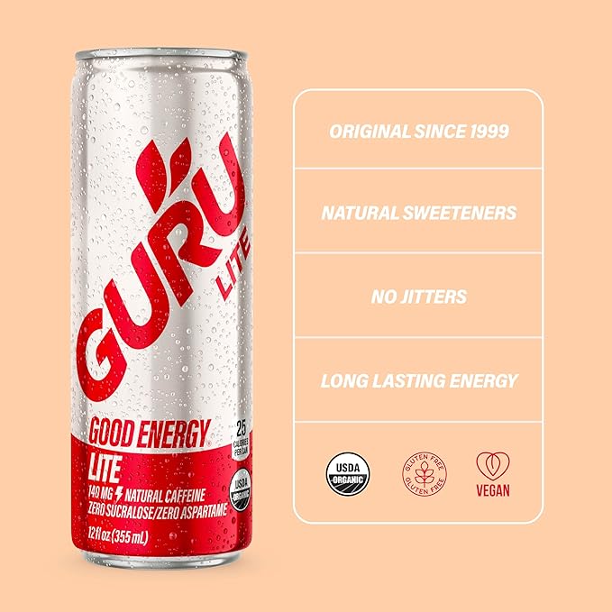 GURU Lite Organic Energy Drinks, Clean Energy Drink with Plant Based Natural Caffeine from Green