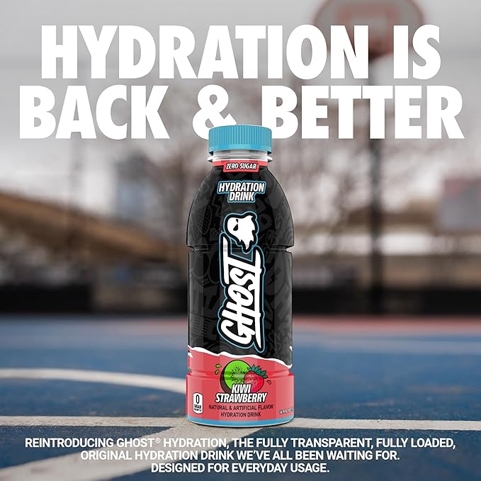 GHOST Hydration Drink, Kiwi Strawberry- RTD Sports Drink with Electrolytes, Natural Vitamins &