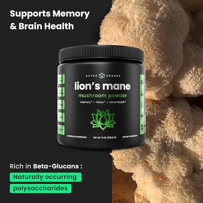 NutraChamps Organic Lions Mane Powder - 2000mg Powerful Nootropic for Memory, Focus, Immune Support