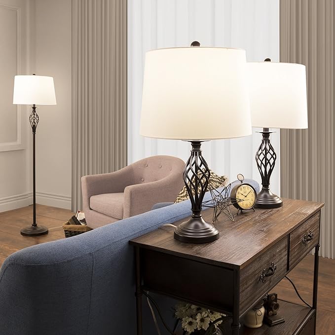 Lavish Home Table and Floor Lamps – Set of 3 Spiral Cage Design Lights for Living Room, Bedroom, or