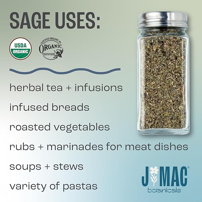 J Mac Botanicals, Organic Rubbed Sage (8 oz), Certified USDA Organic, Dried Rubbed Sage Leaf.