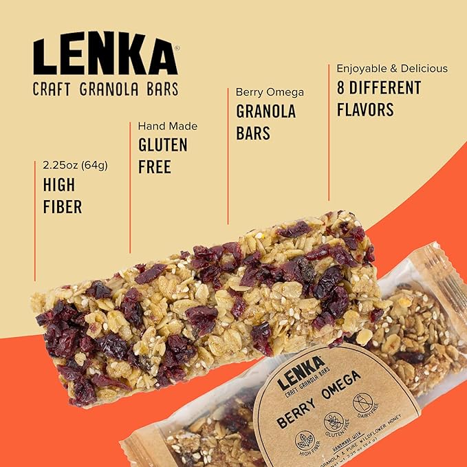 Lenka Bars - Berry Omega Snack Bars, Gluten Free, High Fiber, Kosher, Wholesome, No Artificial