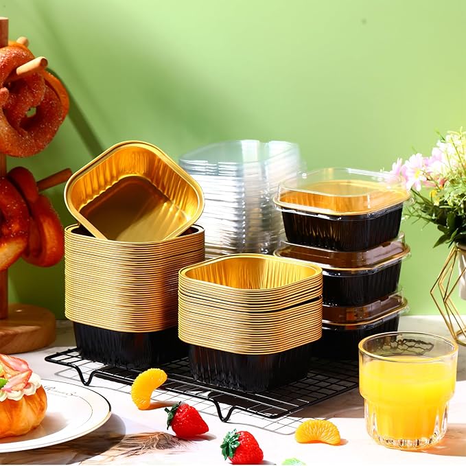 Aoriher 150 Pieces 10 oz Mini Cake Pans with Lids Aluminum Foil Baking Cups Square Disposable 4" x