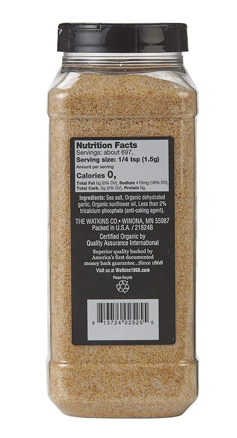 Watkins Gourmet Spice, Organic Garlic Salt, Bulk Food Service Size, 33.5 oz (Pack of 1)