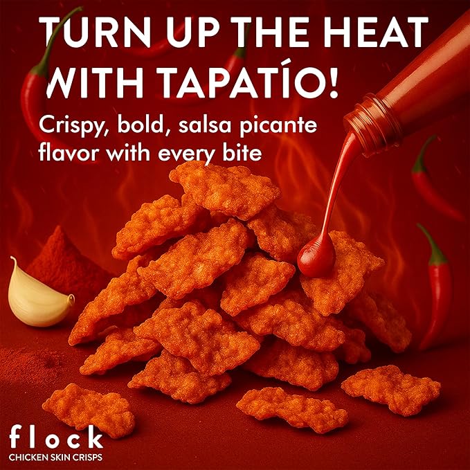 Flock Keto Chicken Skin Chips | Tapatio Flavor | Low Carb, High Protein, Sugar Free, Gluten Free