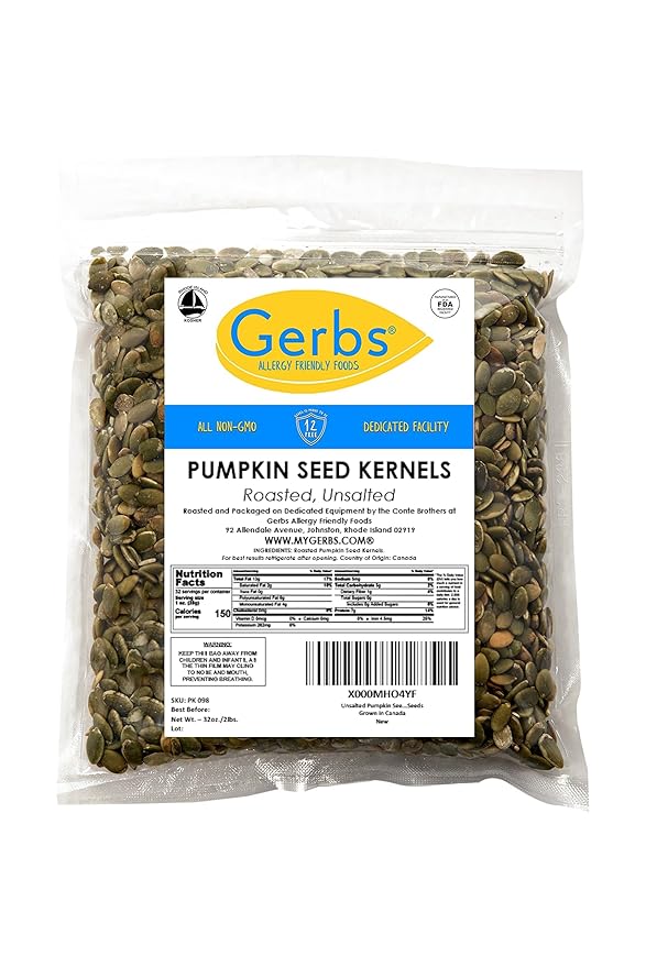 GERBS Unsalted Pumpkin Seed Kernels 2 LBS|Top 14 Allergy Free Food |Use in salads, yogurt, bake